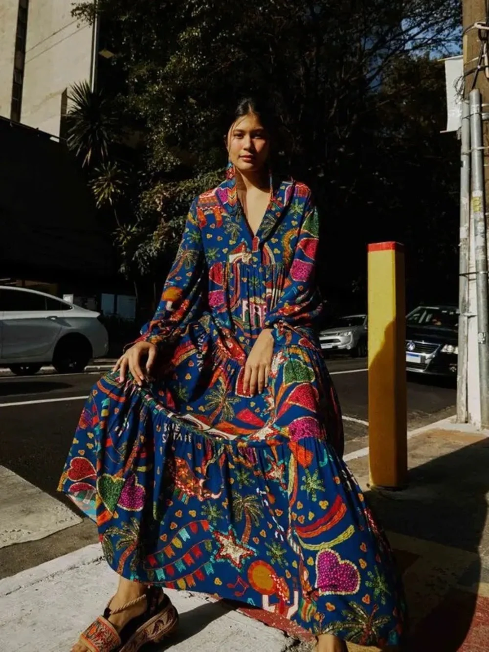 Farm Rio Boi de Santa Fé Blue Folk Party Maxi Dress XL - Picture 3 of 10